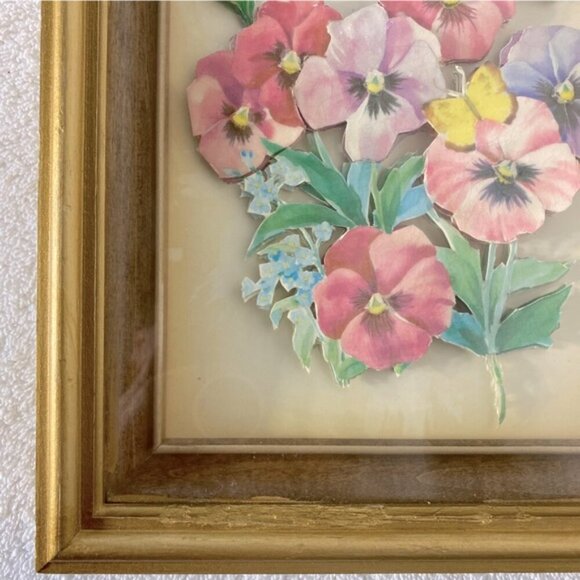 Vintage 1983 Handmade Paper Tole Art Bouquet Of Pansies - Picture 13 of 13